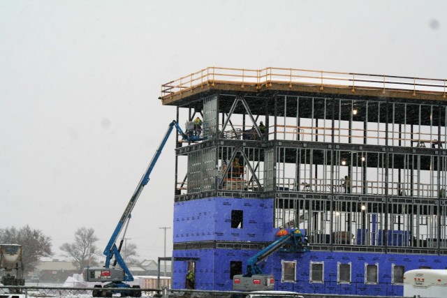 An area of the 1600 block of the cantonment area of the installation is shown Nov. 24, 2020, during a light snowfall as a new multi-million dollar barracks is being built at Fort McCoy, Wis. Contractor L.S. Black Constructors was awarded a $20.6...
