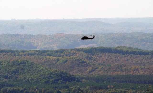 An aircrew with the Wisconsin National Guard’s 1st Battalion, 147th Aviation Regiment operate a UH-60 Black Hawk helicopter Oct. 9, 2020, at Fort McCoy, Wis. Members of the unit regularly complete training operations at Fort McCoy and the unit...