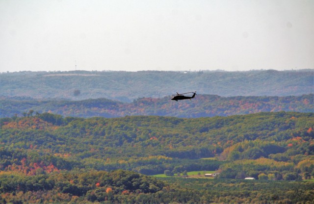 An aircrew with the Wisconsin National Guard’s 1st Battalion, 147th Aviation Regiment operate a UH-60 Black Hawk helicopter Oct. 9, 2020, at Fort McCoy, Wis. Members of the unit regularly complete training operations at Fort McCoy and the unit...
