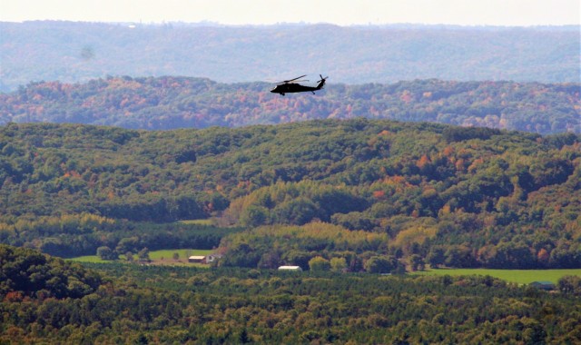 An aircrew with the Wisconsin National Guard’s 1st Battalion, 147th Aviation Regiment operate a UH-60 Black Hawk helicopter Oct. 9, 2020, at Fort McCoy, Wis. Members of the unit regularly complete training operations at Fort McCoy and the unit...