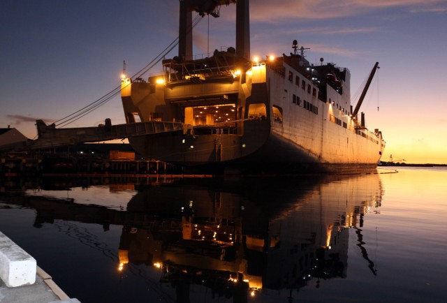 LMSRs are usually known for their size rather than their beauty, but the USNS Britten looks pretty good at Pearl Harbor on Dec. 3 during port operations at sunset.