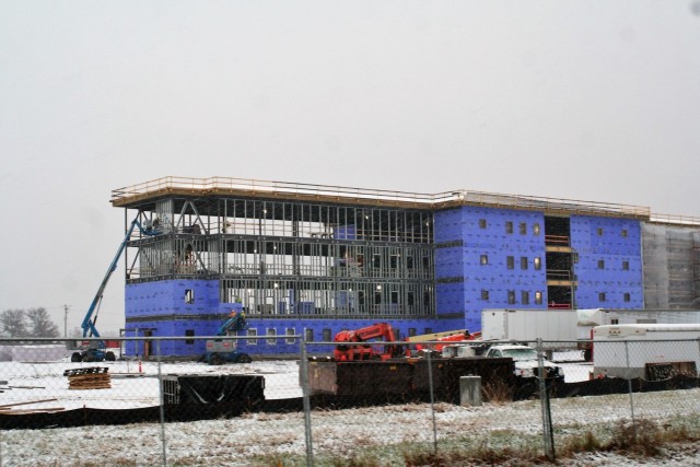 An area of the 1600 block of the cantonment area of the installation is shown Nov. 24, 2020, during a light snowfall as a new multi-million dollar barracks is being built at Fort McCoy, Wis. Contractor L.S. Black Constructors was awarded a $20.6...