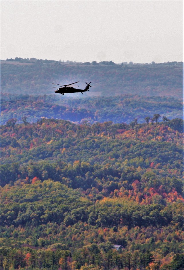 An aircrew with the Wisconsin National Guard’s 1st Battalion, 147th Aviation Regiment operate a UH-60 Black Hawk helicopter Oct. 9, 2020, at Fort McCoy, Wis. Members of the unit regularly complete training operations at Fort McCoy and the unit...