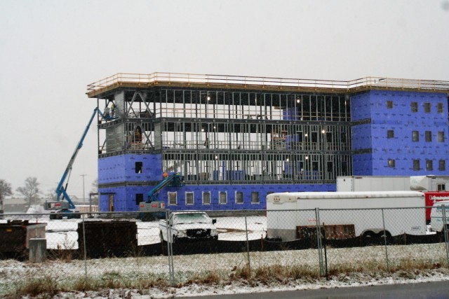 An area of the 1600 block of the cantonment area of the installation is shown Nov. 24, 2020, during a light snowfall as a new multi-million dollar barracks is being built at Fort McCoy, Wis. Contractor L.S. Black Constructors was awarded a $20.6...