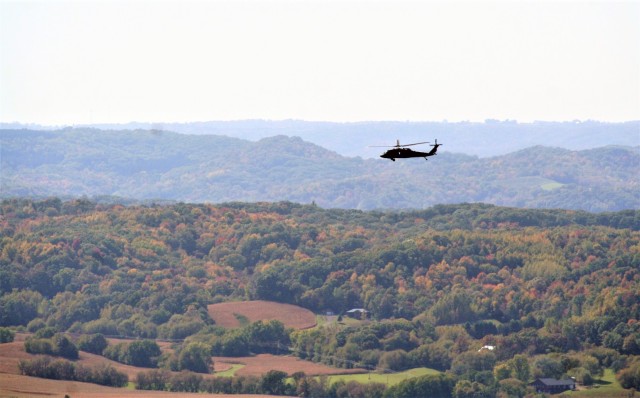 An aircrew with the Wisconsin National Guard’s 1st Battalion, 147th Aviation Regiment operate a UH-60 Black Hawk helicopter Oct. 9, 2020, at Fort McCoy, Wis. Members of the unit regularly complete training operations at Fort McCoy and the unit...