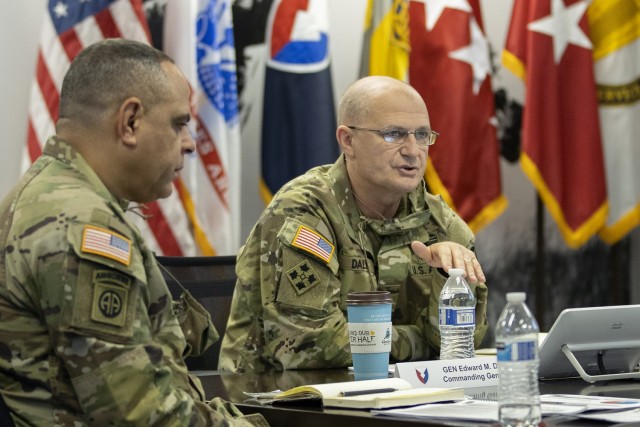 Gen. Edward Daly, U.S. Army Materiel Command commanding general, held a discussion with leaders of the U.S. Army Financial Management Command while Command Sgt. Maj. Alberto Delgado, AMC senior enlisted advisor, listens during a quarterly update at the Maj. Gen. Emmett J. Bean Federal Center in Indianapolis Nov. 20, 2020. The visit was the first in-person visit made by Daly and Delgado to USAFMCOM since the general took command of AMC in July. (U.S. Army photo by Mark R. W. Orders-Woempner)