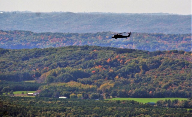 An aircrew with the Wisconsin National Guard’s 1st Battalion, 147th Aviation Regiment operate a UH-60 Black Hawk helicopter Oct. 9, 2020, at Fort McCoy, Wis. Members of the unit regularly complete training operations at Fort McCoy and the unit...