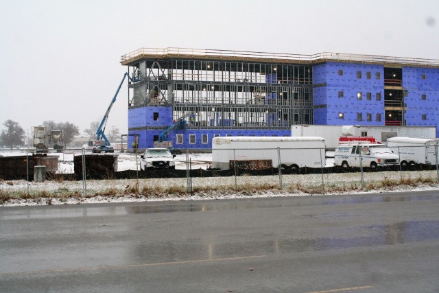 An area of the 1600 block of the cantonment area of the installation is shown Nov. 24, 2020, during a light snowfall as a new multi-million dollar barracks is being built at Fort McCoy, Wis. Contractor L.S. Black Constructors was awarded a $20.6...