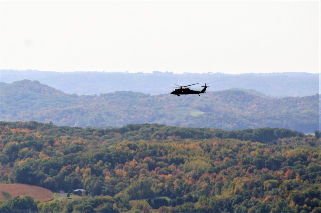 An aircrew with the Wisconsin National Guard’s 1st Battalion, 147th Aviation Regiment operate a UH-60 Black Hawk helicopter Oct. 9, 2020, at Fort McCoy, Wis. Members of the unit regularly complete training operations at Fort McCoy and the unit...