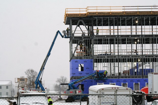 An area of the 1600 block of the cantonment area of the installation is shown Nov. 24, 2020, during a light snowfall as a new multi-million dollar barracks is being built at Fort McCoy, Wis. Contractor L.S. Black Constructors was awarded a $20.6...
