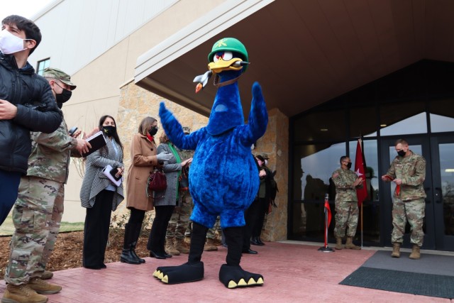 The Oozlefinch shows its excitement outside the new Air Defense Artillery Training Support Facility Dec. 3, 2020.