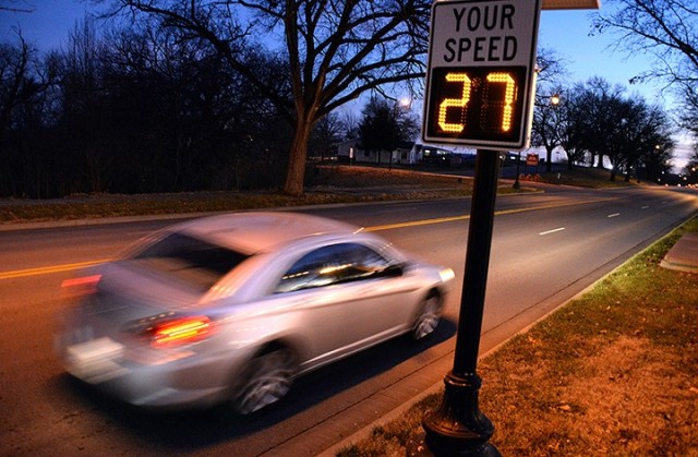 A motorist's speed registers on one of post's five new solar-powered speed trackers Dec. 8 by Holiday Inn Express Hoge Hall on Grant Avenue. The locations of the speed trackers were selected based on residents' input and tickets issued in those...