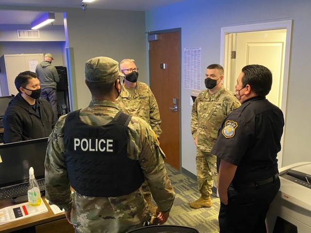 The Military Surface Deployment and Distribution Command’s Religious Support team, Chaplain Maj. Jeffrey Hicks and Staff Sgt. Jeffery Grimes, interact with Surface Warriors of the 834th Transportation Battalion during their visit to the Military...