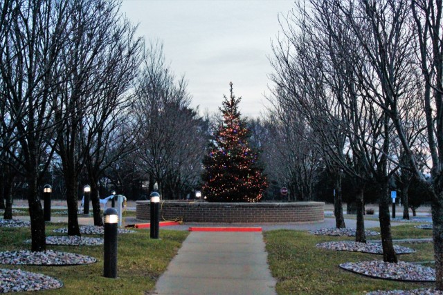 Holiday lights are shown on trees and on McCoy's Community Center on Dec. 10, 2020, at Fort McCoy, Wis. The area is decorated as part of the installation observance of the holiday season. McCoy's Community Center is operated by the Fort McCoy...