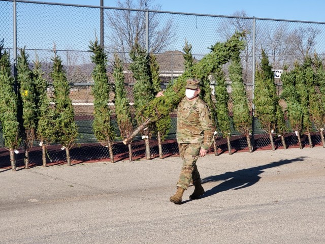 A Soldier carries a tree Dec. 4, 2020, during the Trees for Troops event at the South Post Housing area at Fort McCoy, Wis. Eighty free Christmas trees were distributed to Fort McCoy military families thanks to the Trees for Troops organization....