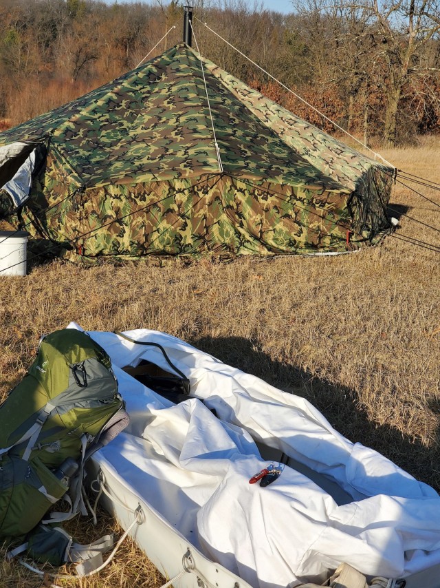 An Arctic tent is shown set up Dec. 10, 2020, at a North Post training area at Fort McCoy, Wis. Cold-Weather Operations Course (CWOC) Class 21-01 students set up the tents for their first night of staying in the field. CWOC students are trained on...