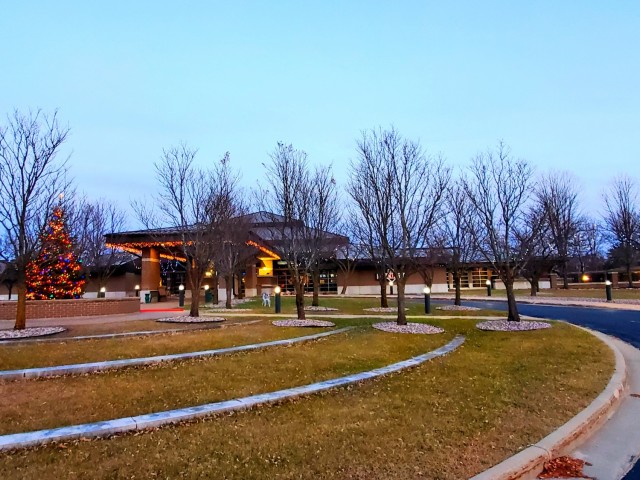 Holiday lights are shown on trees and on McCoy's Community Center on Dec. 10, 2020, at Fort McCoy, Wis. The area is decorated as part of the installation observance of the holiday season. McCoy's Community Center is operated by the Fort McCoy...