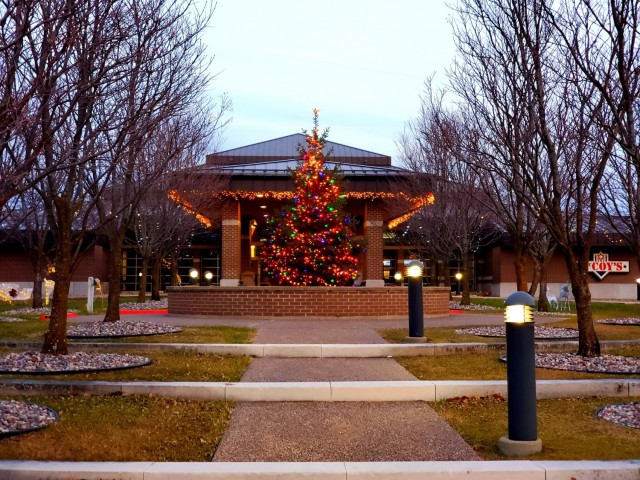 Holiday lights are shown on trees and on McCoy's Community Center on Dec. 10, 2020, at Fort McCoy, Wis. The area is decorated as part of the installation observance of the holiday season. McCoy's Community Center is operated by the Fort McCoy...