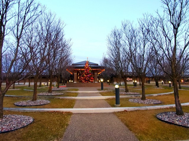 Holiday lights are shown on trees and on McCoy's Community Center on Dec. 10, 2020, at Fort McCoy, Wis. The area is decorated as part of the installation observance of the holiday season. McCoy's Community Center is operated by the Fort McCoy...