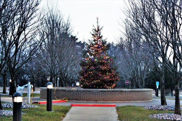 Holiday lights are shown on trees and on McCoy's Community Center on Dec. 10, 2020, at Fort McCoy, Wis. The area is decorated as part of the installation observance of the holiday season. McCoy's Community Center is operated by the Fort McCoy...