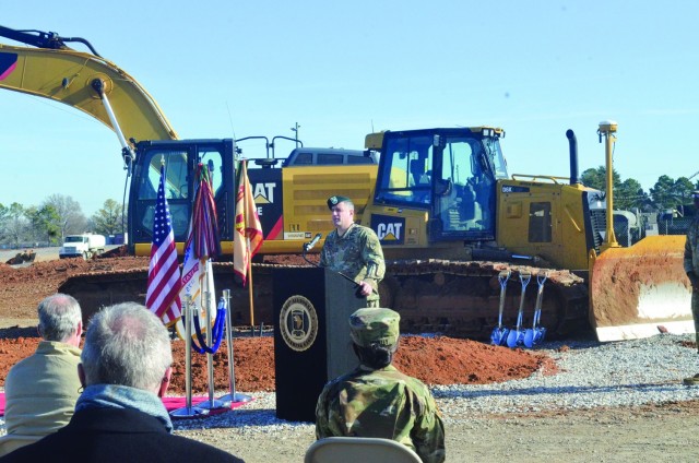 Colonel Jeremy D. Bell, Fort Campbell garrison commander, speaks before a groundbreaking Dec. 9, at the site of the Army Field Support Battalion Installation Maintenance Division complex. When construction is complete in 2022, the complex will...