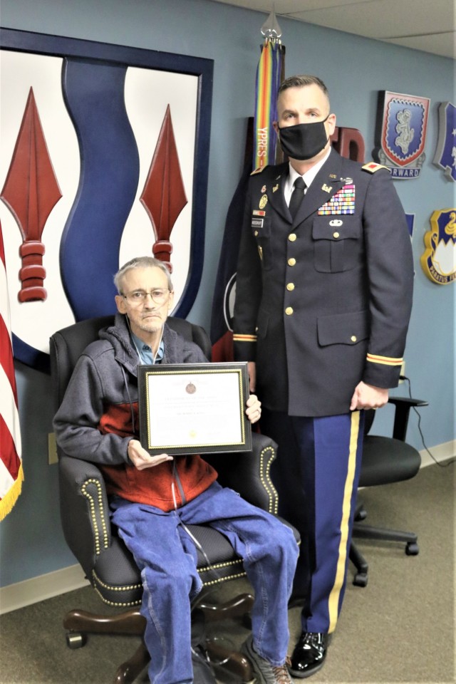 Bobby King, training specialist with the plans section with the 181st Multifunctional Training Brigade (MFTB), is shown after receiving the Army Meritorious Public Service award for three years of hard work and dedication to the Eagle Brigade family on Oct. 21, 2020, at Fort McCoy, Wis. The 181st is a tenant organization at Fort McCoy. (U.S. Army Photo by Sgt. Ryan Tatum, 181st Multi-Functional Training Brigade Public Affairs)