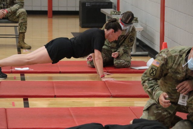 A candidate performs push ups for the physical fitness test as part of the five day assessment program on Fort Knox, Kentucky, September 11, 2020.  CCAP expands the Army&#39;s understanding of each officer&#39;s talents by including more relevant information to help the Army make more informed decisions about who is selected to command. (U.S. Army Photo by Staff Sgt. Daniel Schroeder, Army Talent Management Task Force)(U.S. Army Photo by Staff Sgt. Daniel Schroeder, Army Talent Management Task Force)