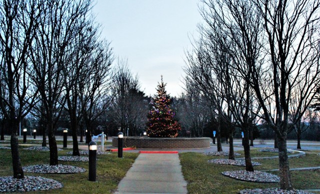 Holiday lights are shown on trees and on McCoy's Community Center on Dec. 10, 2020, at Fort McCoy, Wis. The area is decorated as part of the installation observance of the holiday season. McCoy's Community Center is operated by the Fort McCoy...