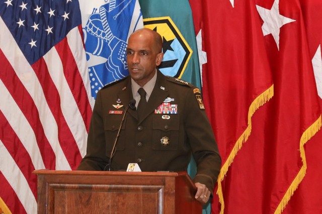 FORT BENNING, Ga. – Lt. Gen. Gary M. Brito makes keynote remarks Dec. 11 at the National Infantry Museum in Columbus, Georgia on occasion of the unveiling of a new "Diversity in Leadership" display. The display uses informational panels and photos to highlight three African American Soldiers whose service marked historic milestones in the Army's progress toward diversity. The three are: Brito, currently the Army's Deputy Chief of Staff G-1, but who in his previous assignment was the first African American commanding general of Fort Benning and its U.S. Army Maneuver Center of Excellence; Master Sgt. Walter Morris, who served during World War II as first sergeant with the Army's first All-African American Airborne unit, the 555th Parachute Infantry Company; and Master Sgt. Milton "Davey" Lockett, the first African American in Army history to serve as an instructor at Fort Benning's elite U.S. Army Ranger School, and who also served in the Korean War and Vietnam War.
(U.S. Army photo by Markeith Horace, Maneuver Center of Excellence and Fort Benning Public Affairs)