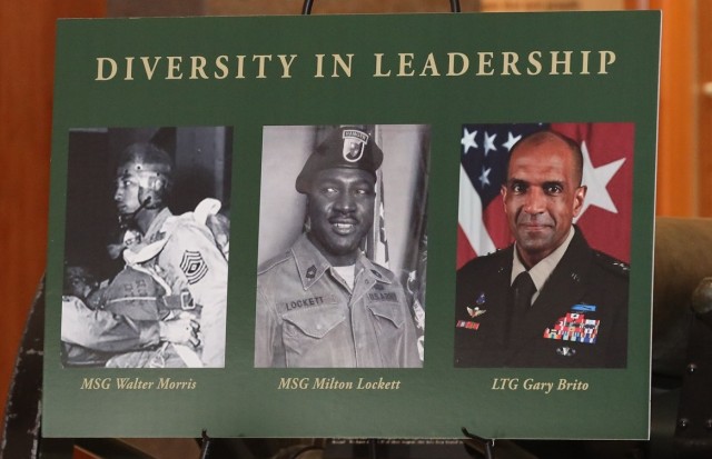 FORT BENNING, Ga. – Three African American Soldiers are the subject of a new "Leadership in Diversity" display unveiled Dec. 11 at the National Infantry Museum, just outside Fort Benning in Columbus, Georgia. The three are, from left: Master Sgt. Walter Morris, who served during World War II as first sergeant with the Army's first All-African American Airborne unit, the 555th Parachute Infantry Company; Master Sgt. Milton "Davey" Lockett, the first African American in Army history to serve as an instructor at Fort Benning's elite U.S. Army Ranger School, and who also served in the Korean War and Vietnam War; and Lt. Gen. Gary M. Brito, currently the Army's Deputy Chief of Staff G-1, but who in his previous assignment was the first African American commanding general of Fort Benning and its U.S. Army Maneuver Center of Excellence. Brito was the event's guest of honor and keynote speaker.
(U.S. Army photo by Markeith Horace, Maneuver Center of Excellence and Fort Benning Public Affairs)