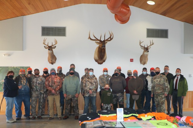 201203-A-BS696-6679
CHAMBERSBURG, Pa.
Participants in the Wounded Warrior Hunt and Hunt of a Lifetime, hosted by Letterkenny Army Depot (LEAD), gather at the depot's hunting lodge prior to the start of the hunt on December 3, 2020. For the past 13 years, LEAD has teamed up with the Walter Reed National Military Medical Center and the National Whitetail Warrior Project, Inc. to host deer hunts for severely wounded, ill and injured Soldiers, veterans and their families. LEAD also partners with the non-profit organization, Hunt of a Lifetime, to grant hunting opportunities to children under age 21 who have been diagnosed with life-threatening illnesses or life-threatening disabilities. 
(U.S. Army photo by Pam Goodhart)