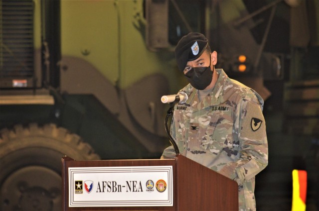 Col. Wheeler R. Manning, commander, 403rd Army Field Support Brigade, speaks at the 2020 Army Award for Maintenance Excellence ceremony at Camp Carroll, Republic of Korea, Dec. 10. Wheeler presented the award to Lt. Col. Edward K. Woo, commander,...