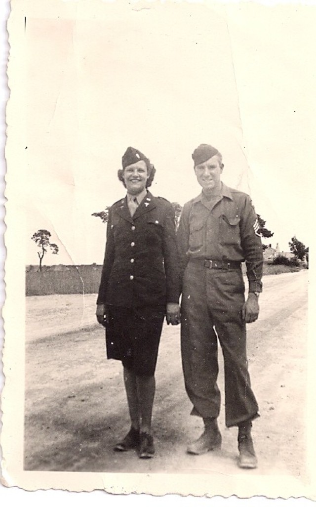Gertrude and her brother, Technical Sergeant Edward Indoe, reunite in France, 1945. Photo courtesy of the Mills and Switaj families.