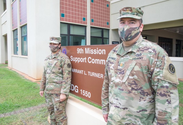 Sergeant Alavoni Tukunga, cultural liaison non-commissioned officer and Maj. Patrick Arizmendi, civil affairs team officer-in-charge, part of Task Force Oceania, a multi-component unit subordinate to the 9th Mission Support Command, follow strict COVID-19 mitigation measures at Fort Shafter Flats, Hawaii, Oct 30. The two-man teams that will deploy to Pacific island countries throughout Oceania were hand-picked for their talents. The Soldiers chosen are either Army Reserve or National Guard and have a skillset that makes them specifically suited to work with the civilian population within the region. They were either born, raised, speak the native language, or have expertise in a specific civilian occupation that is beneficial to the countries they will be deployed to.