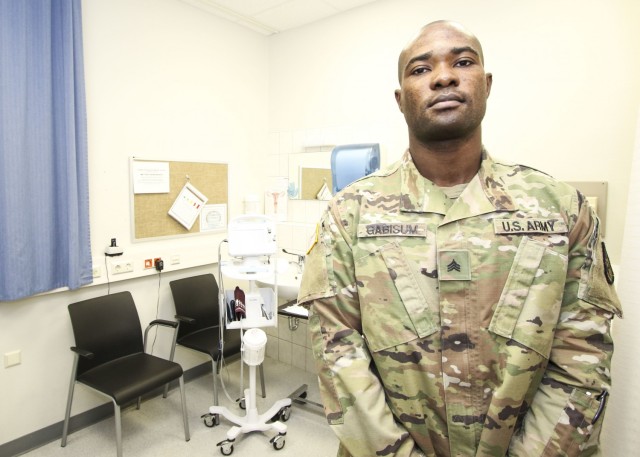 U.S. Army Sgt. James Gabisum, a health care specialist and noncommissioned officer in charge of the Family Medicine Clinic at Landstuhl Regional Medical Center, who recently earned the Best Warrior title for Regional Health Command Europe, is pictured at the Family Medicine Clinic.