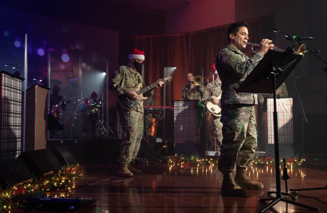 U.S. Army Training and Doctrine Command Band members rock out for their virtual holiday show held on Dec. 10, 2020. (U.S. Army photo by Staff Sgt. Osvaldo Corea)