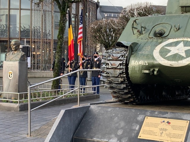 BASTOGNE, Belgium – A color guard from U.S. Army Garrison Benelux performs its duty at the McAuliffe Monument in Bastogne Dec. 12. During a year defined by a global pandemic, a commemoration of the 76th anniversary of the Battle of the Bulge,...
