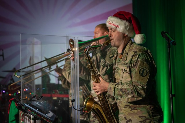 U.S. Army Training and Doctrine Command Band members rock out for their virtual holiday show held on Dec. 10, 2020. (U.S. Army photo by Staff Sgt. Osvaldo Corea)