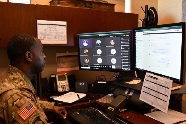 Sgt. Maj. Quincy Rice, Military Surface Deployment and Distribution Command G3 Operations sergeant major, moderates the command's professional development forum December 9, 2020 at Scott Air Force Base, Illinois. During the forum, subject matter...