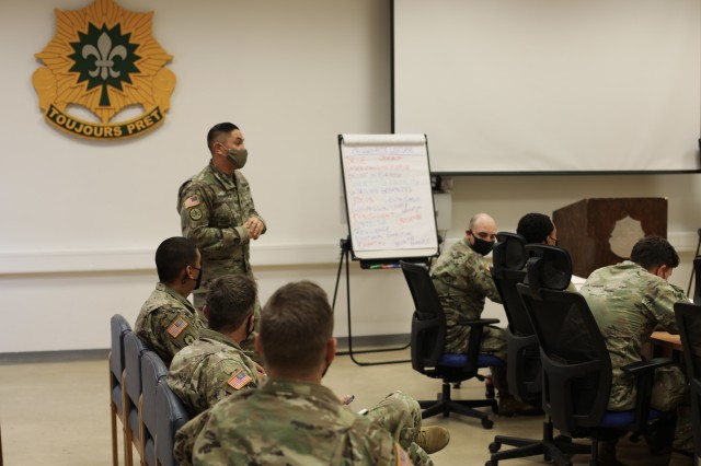 U.S. Army Command Sgt. Maj. Frank Guerrero III, assigned to 4th Squadron, 2d Cavalry Regiment, teaches a block of instruction during the 2d Cavalry Regiment Platoon Sergeant University in Vilseck, Germany, Dec. 4, 2020. The course aimed to develop leaders’ character, passion and emotional intelligence. (U.S. Army photo by Maj. John Ambelang)