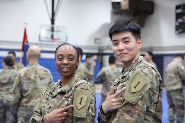 The 2nd Armored Brigade Combat Team, 1st Infantry Division formally welcomes their Korean Augmentation to the U.S. Army, or KATUSA Soldiers, to the Dagger team at Hovey Gym, Republic of Korea. The ROK-U.S. alliance is critical to sustaining peace on the Korean peninsula and across the region. (U.S. Army photo by Staff Sgt. Simon McTizic)