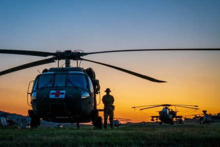 Army helicopters before a mission during Saber Junction at Hohenfels Training Area, Germany, Aug. 7, 2020. 