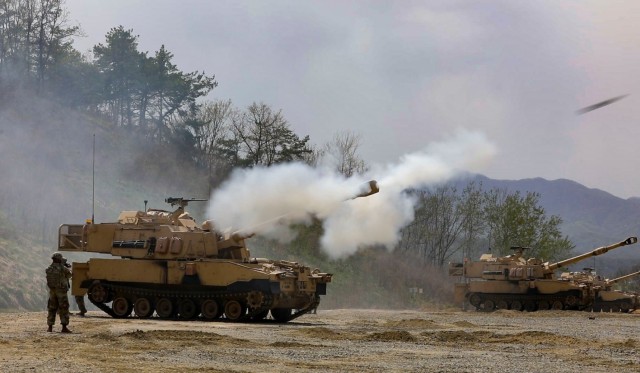 Paladins from the 2nd Armored Brigade Combat Team, 1st Infantry Division conduct a live fire as part of Artillery Table XII qualification at the Rodriguez Live Fire Complex, Republic of Korea. The Dagger Brigade was the eighth rotational brigade deployed in support of the 2nd Infantry Division and our Korean allies. (U.S. Army photo by KCpl. Kwon, Jin Ho)