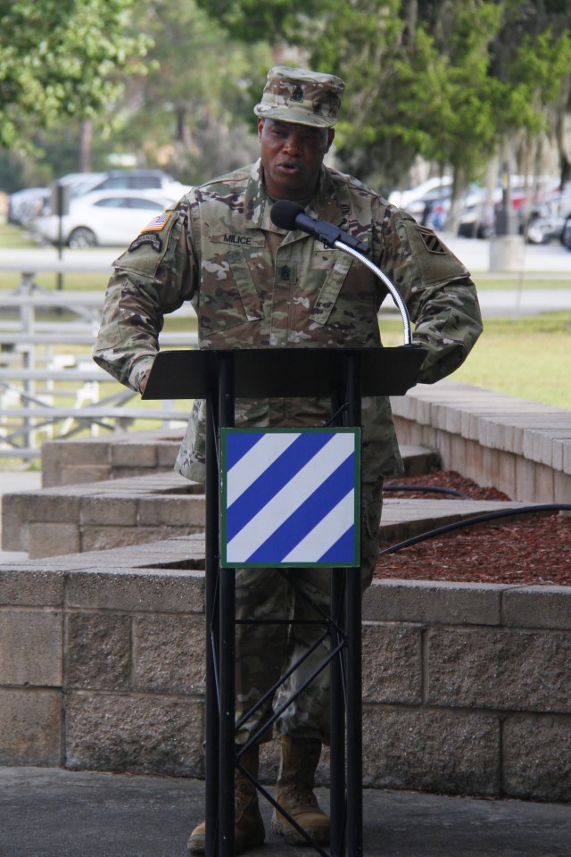 Command Sgt. Maj. Jean Milice, the incoming senior enlisted advisor for Headquarters and Headquarters Battalion, 3rd Infantry Division, addresses attendees during a change of responsibility ceremony at Marne Garden on Fort Stewart, Georgia, Oct. 23, 2020. Milice assumed responsibility from Command Sgt. Maj. Paulette Abraham, who is retiring after more than 30 years of service.(U.S. Army photo by Pfc. Aaliyah Craven, 50th Public Affairs Detachment)