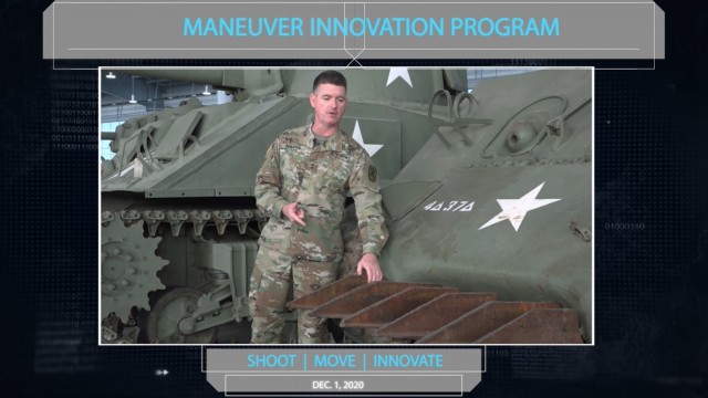 FORT BENNING, Ga. – In an image from a recent video, Maj. Gen. Patrick J. Donahoe, commanding general of the U.S. Army Maneuver Center of Excellence and Fort Benning, points to the hedgerow cutter affixed to a World War II-vintage M4 Sherman tank, as an example of how a Soldier&#39;s suggestion in World War II helped achieve critical battlefield success. Donahoe cited the example in announcing a new program modeled in part on the &#34;Shark Tank&#34; TV show, that gives Soldiers and civilians here a chance to offer ideas for improvement and innovation. It&#39;s called the Maneuver Innovation Challenge. The chance to submit ideas began Dec. 1 and continues through Feb. 1, with winners to be announced Feb. 15.

(U.S. Army photo by Maneuver Center of Excellence and Fort Benning Public Affairs)