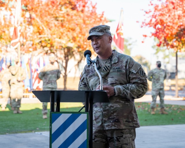 Maj. Gen. Tony Aguto, commanding general of the 3rd Infantry Division, gives his remarks during 2nd Armored Brigade Combat Team’s uncasing ceremony Dec. 18, 2020, at Marne Gardens on Fort Stewart, Ga. The ceremony marked the official return of...
