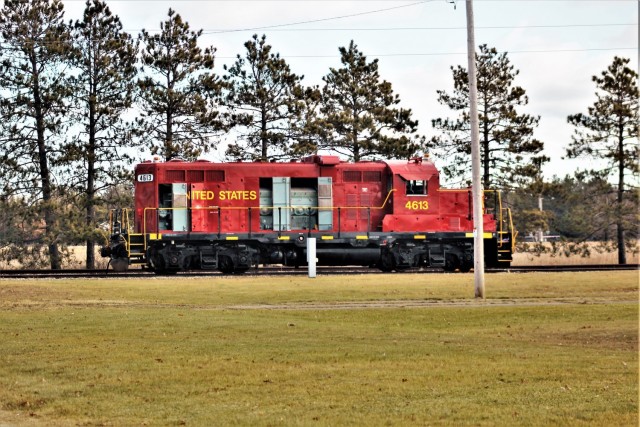 A U.S. Army locomotive used as part of rail operations is shown Nov. 30, 2020, at Fort McCoy, Wis. For the many decades of Fort McCoy’s existence, the capability to transport cargo and equipment to and from the installation by rail has always...