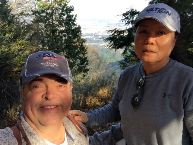 Bobby and Kim Rakes stop to take a photo after hiking for 75 minutes on Mount Oyama, Japan, Nov. 11.