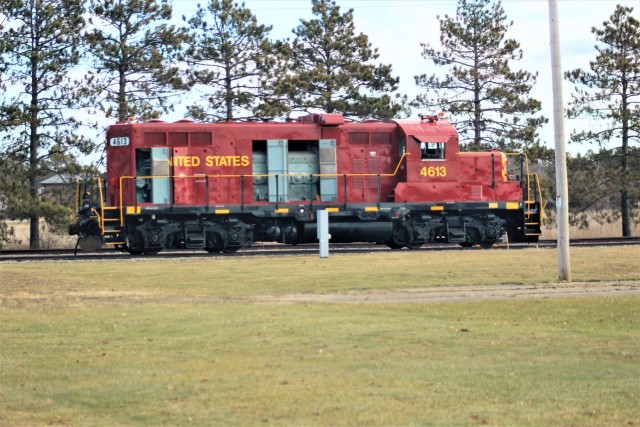 A U.S. Army locomotive used as part of rail operations is shown Nov. 30, 2020, at Fort McCoy, Wis. For the many decades of Fort McCoy’s existence, the capability to transport cargo and equipment to and from the installation by rail has always...