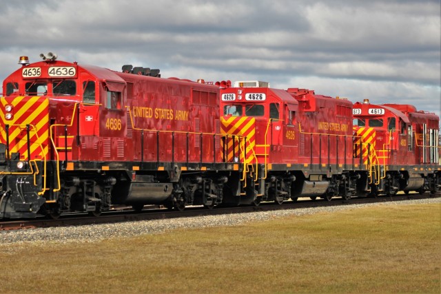 U.S. Army locomotives used as part of rail operations are shown Nov. 30, 2020, at Fort McCoy, Wis. For the many decades of Fort McCoy’s existence, the capability to transport cargo and equipment to and from the installation by rail has always...